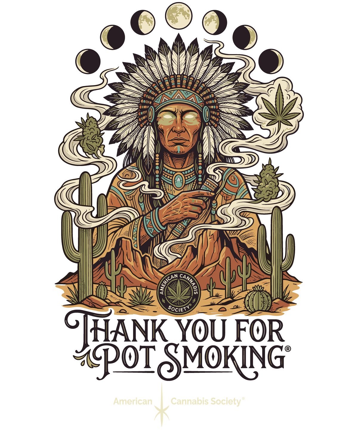 Thank You For Pot Smoking® desert moon-phase tee, the signature American Cannabis Society® design for cannabis affiliate sales