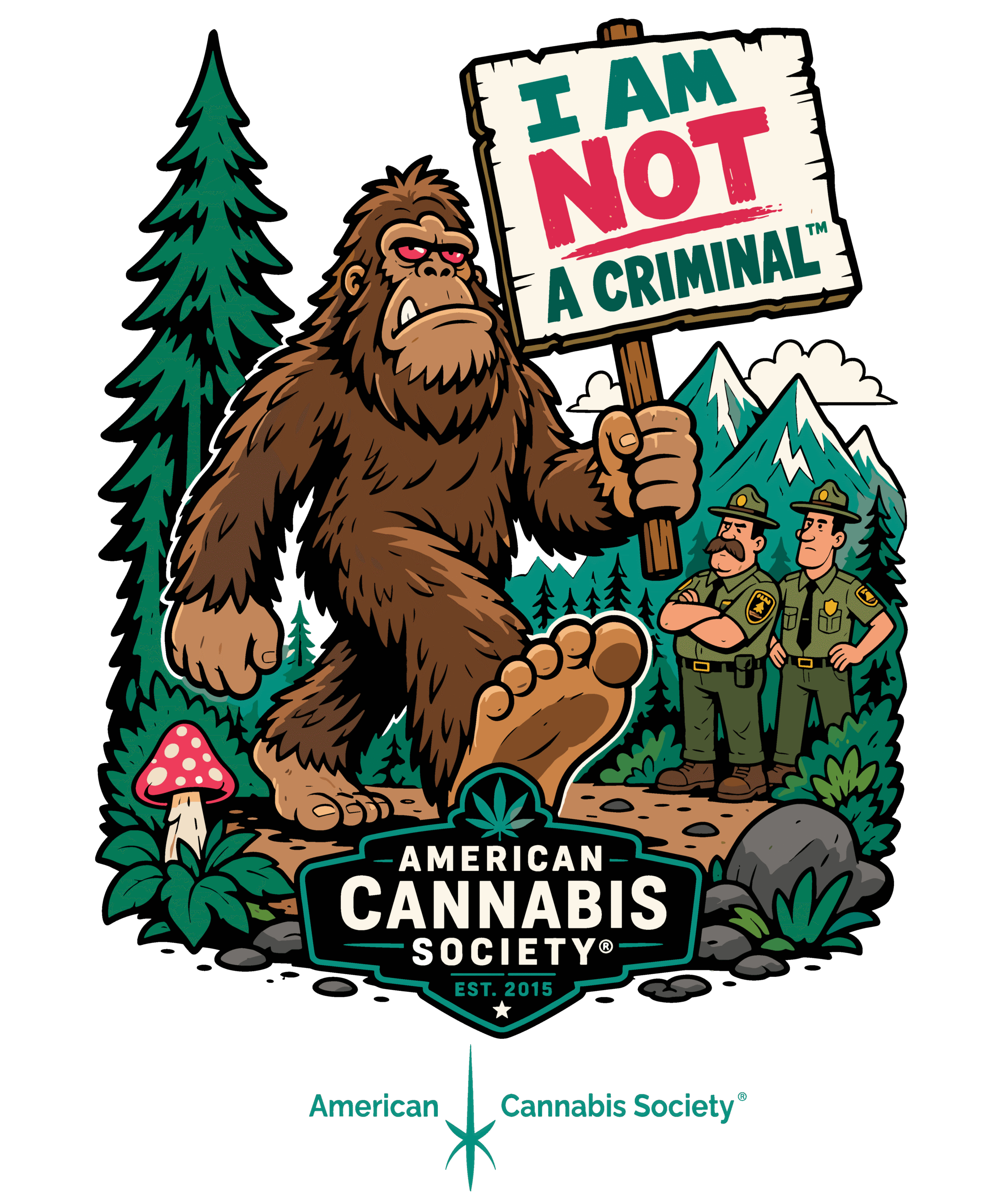 Bigfoot holding I Am Not A Criminal sign with American Cannabis Society - legal THCA flower for Wisconsin Dells tourists near Hwy 12 GreenRX